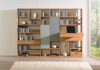 Trend Natur, Naturmöbel, Massivholzmöbel aus Eiche,Regal mit Türen aus lackiertem Mattglas, Regal mit Integrierten Arbeitsplatz. Homeoffice