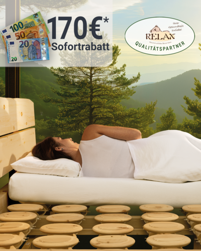 Relax Aktionsbild, Relax 2000 Tellerrost in Zirbe mit Naturlatexmatratze, Darauf liegt eine Frau